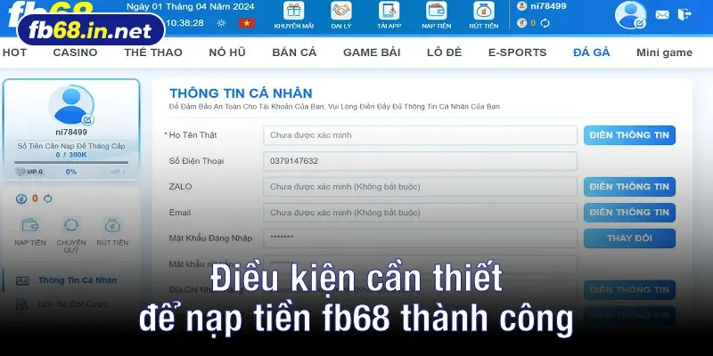 Điều kiện cần thiết để nạp tiền fb68 thành công 